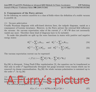 这是一页来自量子电动力学（QED）领域的学术论文截图，主题为「Furry图像的推论」，内容包含真空极化、电子传播子的专业物理推导，涉及波函数分解、真空期待电流、正则化与重整化等量子场论核心内容。页面被添加了红色大字标注「A Furry's picture」，利用物理术语「Furry图像」和英文中代表「毛茸茸亚文化」的「Furry」形成双关梗，让严肃的学术内容带有玩梗趣味。