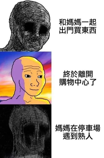 该梗图为三格图文混排形式，左侧是三张不同风格的人物面部特写，右侧对应中文文字描述。第一格：黑白手绘的沧桑面容，配文“和媽媽一起出門買東西”，展现出准备购物时的疲惫感；第二格：彩色渐变背景下的轻松笑脸，配文“終於離開購物中心了”，传递出购物结束后的解脱；第三格：深色背景下的沮丧表情，配文“媽媽在停車場遇到熟人”，表现出刚放松又陷入新状况的无奈。整体通过面部表情和文字的反差，幽默呈现与妈妈购物时的情绪起伏。