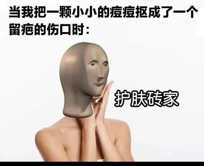 图片上方配有文字“当我把一颗小小的痘痘抠成了一个留疤的伤口时：”，下方是一个双手托着人体模型头部（面部表情中性）的画面，模型头部旁标注“护肤砖家”字样。图中“砖家”为“专家”的谐音梗，用“砖”字调侃那些不靠谱的护肤建议或自己不当行为后的懊悔心态。