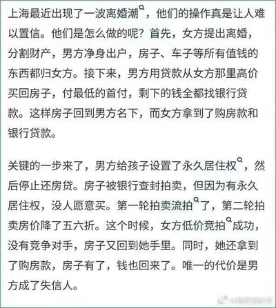 这张图以纯文字形式详细讲述了网传的上海一波离婚潮中的一套投机操作：首先女方提出离婚，男方净身出户，房产、车辆等资产全部归女方；随后男方以贷款方式从女方手中高价回购房产，仅支付最低首付，剩余款项全部走银行贷款，此时房产回到男方名下，女方则拿到购房款与银行贷款；关键步骤为男方给孩子设置房产永久居住权后停止还贷，房产被银行查封拍卖，因永久居住权的存在无人愿意竞拍，第一轮拍卖流拍，第二轮拍卖房价降至五六折，此时女方低价竞拍成功，最终女方既收回房产又持有购房款，整个操作的唯一代价是男方成为失信人。该内容属于网传的钻规则漏洞的投机传闻，图中无谐音梗、双关等内容。