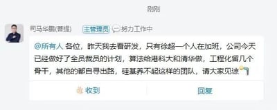 这是一张典型的职场裁员自嘲表情包，截图内容为企业主管在微信群里发布裁员、组织调整的小作文，并调侃只有一位同事在加班，剩下的是公司“骨干”，其他人都要“寻出路”，最后加上“硅基养不起这样的团队，请大家见谅”的冷幽默。整体氛围偏无奈和自黑，适用于互联网公司大裁员、结构调整期间的职场吐槽场景。