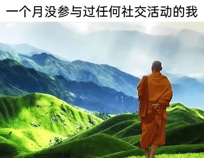 图片上方有文字'一个月没参与过任何社交活动的我'，下方是一位身穿橙色僧袍的人背对镜头站立在绿色群山前，面向连绵的山脉。通过将长时间不社交的状态与僧人独处山间的形象结合，形成幽默自嘲的效果，暗示自己如同隐士般远离社交。