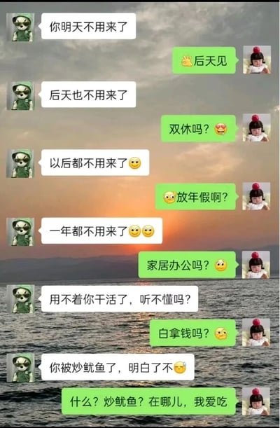 这是一段充满趣味的职场主题聊天记录截图，对话双方分别是使用戴墨镜熊猫头像的管理者和扎红丸子头小孩头像的员工。管理者试图逐步告知员工被解雇的消息，从“明天不用来了”开始，到明确说出“你被炒鱿鱼了”，过程中员工全程故意装听不懂，先后曲解为双休、放年假、居家办公、白拿钱，最后更是将“炒鱿鱼”这个职场术语理解成了可以吃的食物，通过这种装傻和利用谐音梗的方式，制造出强烈的反差感和搞笑效果，用轻松的方式调侃了职场中被解雇的负面场景，展现出一种乐观回避负面消息的有趣心态。