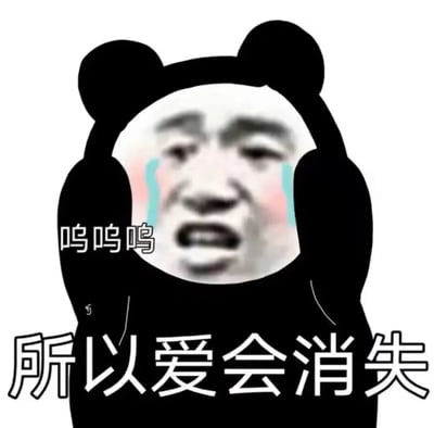 一张悲伤的熊猫头表情包，熊猫头角色有着人类的面部特征，脸上带着泪痕，表情悲伤。图片左侧有文字"呜呜呜"，底部有大字"所以爱会消失"，表达了一种悲伤和失落的情绪。