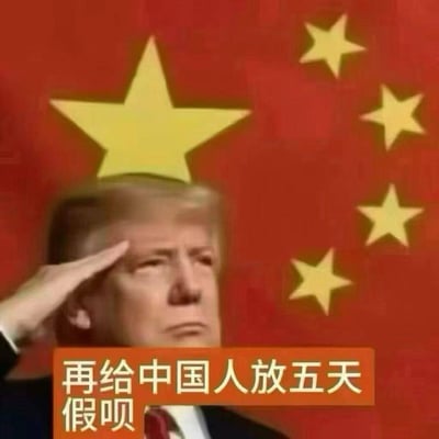 这是一张网友创作的搞笑合成梗图，背景为中国国旗，画面主体是美国前总统特朗普敬礼的形象，下方配有橙色背景的白色文字“再给中国人放五天假呗”，该图结合“境外势力诱导躺平”的说法进行玩梗，用来调侃大众希望多放假的诉求，风格诙谐幽默，属于娱乐向的网络创作。
