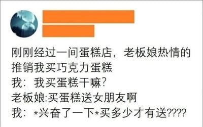 一张图文混排的搞笑梗图，内容为男子经过蛋糕店时与老板娘的对话。老板娘推销巧克力蛋糕称‘买蛋糕送女朋友’，引发男子误解并兴奋追问购买量，利用‘送女朋友’的语言歧义制造幽默效果。