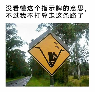 这是一张图文混排的趣味恶搞图片，上方配有文字“没看懂这个指示牌的意思，不过我不打算走这条路了”，下方是设置在林间道路旁的黄色菱形道路警示牌。原本用于提示道路状况的官方标志被二次创作修改，图案中的车辆仿佛陷入一个巨大的V型凹陷，还添加了简笔画的“人被弹飞”的内容，以夸张荒诞的视觉效果营造出这条路极度危险、离谱的氛围，和上方的文字形成完美呼应，通过这种对官方标志的恶搞，制造出强烈的幽默效果，让观看者会因为这个离谱的警示产生不想走这条路的共鸣。