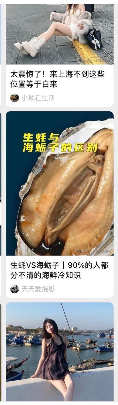 该图片为多图拼接的竖版图文混排内容，包含三个部分：第一部分是一位女性坐在路边的照片，配文“太震惊了！来上海不到这些位置等于白来”，账号为“小颖在生活”，疑似上海旅游打卡推荐；第二部分是生蚝与海蛎子的特写对比图，黄色文字标注“生蚝与海蛎子的区别”，下方配文“生蚝VS海蛎子｜90%的人都分不清的海鲜冷知识”，账号为“天天爱摄影”，属于海鲜科普内容；第三部分是一位女性在水边码头背景前的照片，背景有渔船，整体风格偏向生活记录与实用信息分享。