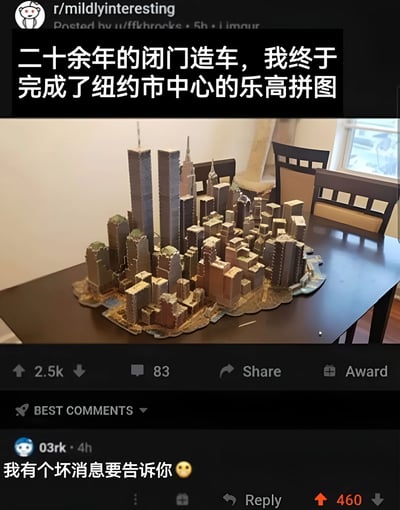 这是一张Reddit社交媒体截图，展示了一个用户声称花费二十余年完成的纽约市中心乐高拼图模型。图片主体是一个精细的乐高城市天际线模型，包含多栋高楼大厦，放置在深色桌面上。帖子获得了2.5k点赞和83条评论，其中一条热门评论说"我有个坏消息要告诉你"并配有一个表情符号。