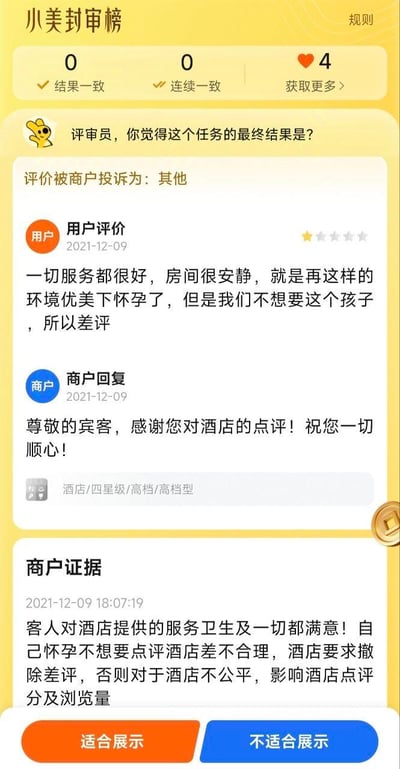这是「小美封审榜」的一则内容审核任务，核心是处理酒店对用户差评的投诉：用户入住四星级酒店后，认可酒店的服务与环境，但以“在酒店环境里怀孕但不想要孩子”为由给出一星差评；商户回复态度客气，同时提交证据表示用户对酒店服务满意，该差评理由不合理，会影响酒店评分与浏览量，要求撤除差评。界面底部提供「适合展示」「不适合展示」两个选项，供审核员判断该差评是否保留展示。