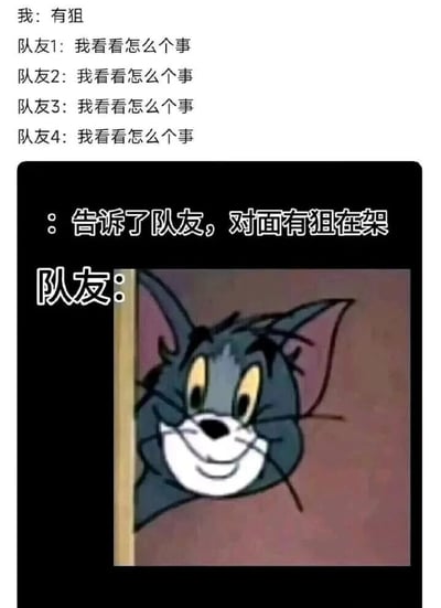 这张梗图展示了游戏中玩家发现对面有狙击手后，队友们好奇查看的情景，用Tom and Jerry中Tom偷看的经典画面来表现队友们的反应，幽默风趣。