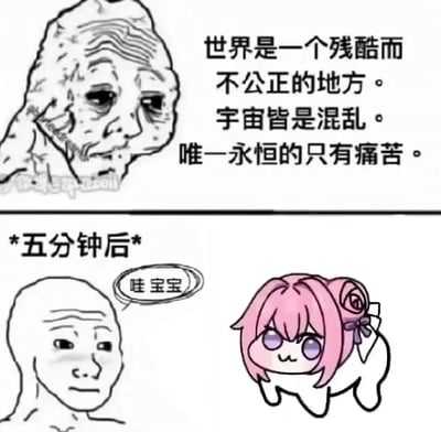 这是一张上下两格的对比梗图。上格是一个表情悲伤的老人侧脸，配文'世界是一个残酷而不公正的地方。宇宙皆是混乱。唯一永恒的只有痛苦。'表达了强烈的存在主义绝望。下格以'*五分钟后*'为过渡，左侧是一个光头人物，右侧是粉色头发的Doro角色，光头人物说'哇宝宝'，展现了从深刻绝望到被可爱事物瞬间治愈的情绪反转。