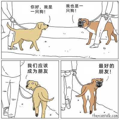 这是一幅四格连环卡通漫画，描绘了两只被主人牵着散步的狗狗相遇后快速建立友谊的温馨场景：第一格中，被主人牵着的浅黄色狗狗主动转头打招呼：“你好，我是一只狗！”，对面的棕褐色狗狗立刻回应：“我也是一只狗！”；第二格中，浅黄色狗狗开心提议：“我们应该成为朋友”；第三格中，棕褐色狗狗兴奋地回头喊出：“最好的朋友！”。两只狗狗全程表现出兴奋、友好的状态，用简单直白的对话展现了动物间纯粹又直接的交友方式，画面充满治愈感。