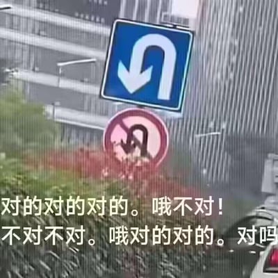 图片展示了一组自相矛盾的交通标识：上方是蓝色的允许掉头标志，下方是禁止掉头标志（标志存在破损痕迹），画面下方配文“对的对的对的。哦不对！不对不对。哦对的对的。对吗”，精准还原了人们看到矛盾规则时反复横跳、纠结崩溃的状态，用现实中出现的矛盾交通标识制造出搞笑的效果。
