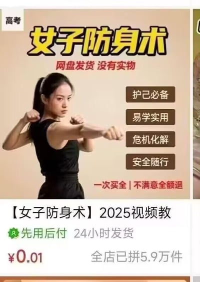 这是一张电商平台的女子防身术视频教程商品售卖图，整体为图文混排的顶配底文样式。图中上方是一位扎马尾、穿黑色上衣的女性，摆出出拳的防身姿势，表情严肃专注。搭配醒目的黄色大字标题“女子防身术”，下方标注“网盘发货 没有实物”，并列出“护己必备、易学实用、危机化解、安全随行”四大产品卖点，还有“一次买全|不满意全额退”的售后承诺。图的下半部分是商品的具体信息：【女子防身术】2025视频教程，支持先用后付、24小时发货，售价仅0.01元，全店已拼5.9万件。该商品面向有防身需求的女性群体，以极低的价格和实用的卖点吸引消费者，属于知识付费类的网盘资源商品。