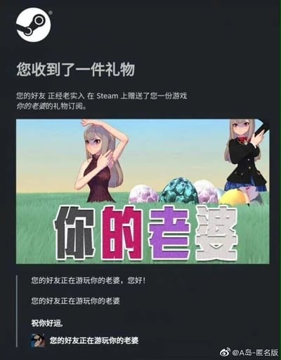 这是一张模仿Steam游戏平台礼物通知界面制作的恶搞图片。界面顶部带有Steam的官方标志，标题为“您收到了一件礼物”，内容显示好友“正经老实入”为用户赠送了名为“你的老婆”的游戏订阅。中间的游戏展示区域包含两名二次元风格的女性角色，下方用黑、红、紫、白四色的醒目大字标注“你的老婆”。通知正文部分多次重复“您的好友正在游玩你的老婆”的文字，甚至底部的发送者署名也替换成了这句话，通过重复同一个带有调侃意味的表述，将虚构的“你的老婆”游戏与好友游玩的行为结合，制造出荒诞搞笑的玩梗效果，属于典型的网络迷因类内容。