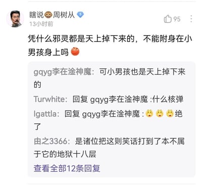 这是一张社交媒体评论区的截图，楼主用户“瞎说😎周树从”提出了一个关于邪灵设定的疑问：“凭什么邪灵都是天上掉下来的，不能附身在小男孩身上吗”，试图讨论奇幻作品里的设定。而用户“gqyg李在淦神魔”的回复“可小男孩也是天上掉下来的”玩了一个谐音梗，这里的“小男孩”指的是历史上投放到日本广岛的原子弹“小男孩”，它确实是从空中投放的，这个回复瞬间将楼主的疑问转化为一个搞笑的网络梗。后续其他用户也参与互动，有的用户疑惑询问“什么核弹”，有的用户用表情和文字表示这个回复太绝了，还有用户调侃称大家把这个笑话的笑点推向了极致，整个评论区充满了搞笑的氛围。