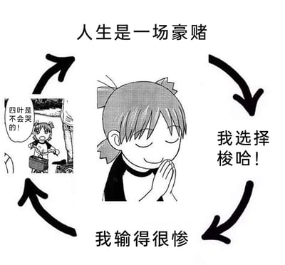 这是一张以恋爱喜剧漫画《五等分的新娘》中的角色中野四叶为核心创作的二次元梗图，通过循环箭头构建了一个“人生豪赌”的闭环叙事：以“人生是一场豪赌”为起点，依次呈现“我选择梭哈！（孤注一掷）”“我输得很惨”，最后回到代表不服输、重新振作的“四叶是不会哭的！”，中间搭配闭眼合十祈祷的四叶形象，整体用幽默调侃的方式，演绎了孤注一掷后遭遇失败，却凭借坚韧心态重新出发的循环人生状态，精准贴合了中野四叶在原作中乐观、倔强、不服输的人物设定。