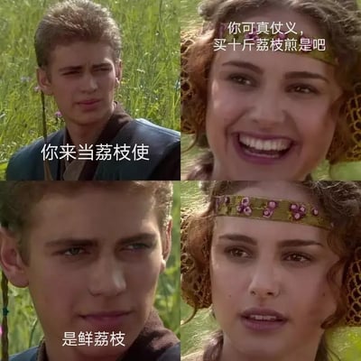 这张图片是经典的电影《星球大战前传2：克隆人的进攻》野外对话场景的改编梗图，通过四格反应式结构以幽默方式表达“你来当荔枝使”这种荒诞任命的梗。图片主旨在于用奇葩职位调侃、让人措手不及，适合用来回应突然被安排奇怪任务或角色。整体氛围轻松搞笑，没有明显谐音梗，但“荔枝使”本身自带一种荒诞反差感，非常适合网络交流。