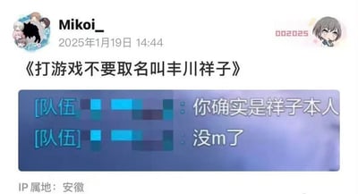 这是一张社交媒体截图，用户Mikoi_于2025年1月19日发布了一条关于游戏ID的吐槽内容。标题为《打游戏不要取名叫丰川祥子》，下方展示了游戏队伍聊天记录，其他队员调侃道“你确实是祥子本人”和“没m了”，通过游戏ID引发的趣味互动展现了网络聊天中的幽默调侃场景。IP属地显示为安徽。