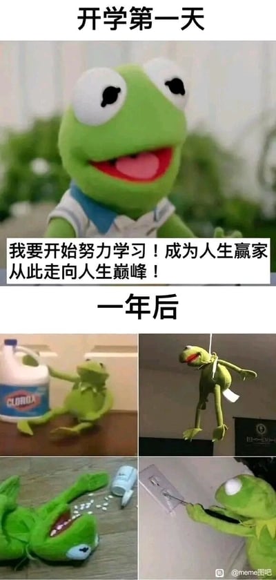 这是一张通过上下对比呈现反差感的连环梗图，上半部分标注“开学第一天”，画面里的科米蛙玩偶眼神明亮、笑容灿烂，搭配文字“我要开始努力学习！成为人生赢家从此走向人生巅峰！”，满是对新学期的雄心壮志与美好憧憬；下半部分标注“一年后”，由四个小图组成，分别展示了科米蛙玩偶的颓废崩溃状态：瘫坐在消毒水旁、被悬挂起来、倒地吐着药片、拿着物件插向插座，用极度夸张的视觉表现，调侃学生群体在开学时立下宏伟学习目标，却在经历一年的学习生活后，斗志被消磨殆尽、陷入精神疲惫的普遍经历，用幽默的方式放大了理想与现实的落差。