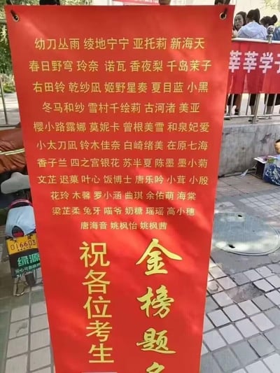 这是一张在户外实拍的红色高考应援横幅，横幅上方密集罗列了大量名字，其中包含诸多知名ACG作品的角色名，例如《缘之空》的春日野穹、《CLANNAD》的古河渚、《白色相簿2》的冬马和纱、《ATRI -My Dear Moments-》的亚托莉等，同时也包含现实考生的名字；横幅下半部分用醒目的金色大字写着「祝各位考生 金榜题名」，将二次元元素与三次元高考应援结合，以趣味的形式为考生送上祝福，无双关或谐音梗内容。