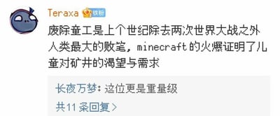 这是一张国内社交媒体的评论截图，用户「Teraxa」（带有铁粉标识）发布了一条玩梗言论，称「废除童工是上个世纪除去两次世界大战之外人类最大的败笔，minecraft的火爆证明了儿童对矿井的渴望与需求」，利用《我的世界》（Minecraft）中玩家普遍会下矿挖掘资源的核心玩法，以反讽、戏谑的方式制造搞笑反差，并非真正否定废除童工的意义。下方有用户「长夜万梦」回复评论「这位更是重量级」，该评论下共有11条回复。