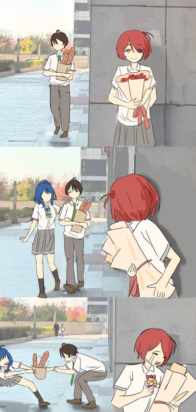 这是一则三格竖版原创卡通连环漫画：
1. 第一格：红发女生捧着红玫瑰躲在墙后，满脸期待地等着抱着法棍面包走来的黑发男生，准备给他惊喜；
2. 第二格：蓝发女生突然出现勾住男生的肩膀，红发女生见状立刻把花藏在背后，脸上满是失落，以为自己撞见了对方的亲密互动；
3. 第三格：实际上男生和蓝发女生是在争抢装法棍的面包袋，两人拉扯得很用力，而误会的红发女生在墙后崩溃大哭，还慌乱中把蓝发女生的领结和自己的领结搞混戴在了胸前。
整个故事是一场因误会引发的搞笑又带着点小心酸的校园日常场景，没有双关或谐音梗。