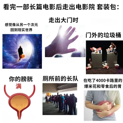 该图为多图拼接的幽默内容，主题是“看完一部长篇电影后走出电影院 套装包”。包含六个场景：1. 左上角是一个人提着行李箱走在宇宙隧道中，配文“感觉像从另一个次元回到现实世界”；2. 上方中间是一只发光的手，配文“走出大门时”；3. 右上角是堆满垃圾的垃圾桶，配文“门外的垃圾桶”；4. 左下角是膀胱示意图，标注“你的膀胱 满”；5. 下方中间是厕所前的长队场景，配文“厕所前的长队”；6. 右下角是一个人捂着肚子，配文“在吃了4000卡路里的爆米花和零食后的胃”。整体通过夸张对比，幽默展现了看完长篇电影后的真实体验。