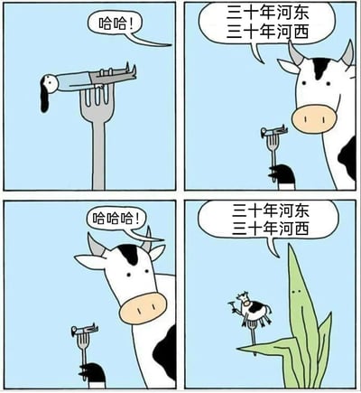 这是一组四格连环卡通搞笑漫画，以「三十年河东三十年河西」这句俗语为核心，打造了不断反转的荒诞笑点：第一格中，一个人类形象被大叉子叉住，笑着发出「哈哈！」的声音；第二格切换场景，一头奶牛看着被小叉子叉住的小鸟，说出「三十年河东三十年河西」，暗示人类与小鸟的处境反转；第三格中，奶牛看着被叉的小鸟，大笑着发出「哈哈哈！」的声音；第四格再次反转，拟人化的草看着被小叉子叉住的奶牛，同样说出「三十年河东三十年河西」，完成了从人类到小鸟再到奶牛的处境循环反转，用重复的台词和层层递进的反转制造出荒诞滑稽的效果。