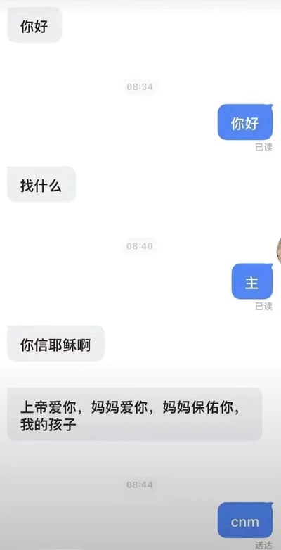 这是一张聊天对话截图，显示了两个人的简短对话。对话开始于互相问候，随后一方提到