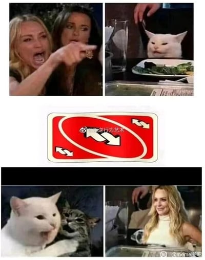 这是一张由四格图片拼接而成的二次创作meme，上半部分是经典的“女性对猫怒吼”梗图：左侧是真人秀《比弗利娇妻》中的泰勒·阿姆斯特朗，她愤怒地大张嘴巴，手指前方做出指责的动作；右侧是一只面无表情的白猫坐在餐桌前。图片中间是一个红色的双向旋转标志，暗示将两者的角色进行互换。下半部分是改编后的场景：左侧是原本冷漠的白猫愤怒地对着另一只猫做出指责的动作，神态复刻了上半部分的女性；右侧是原本愤怒的女性坐在白猫的位置上，面带微笑，神态淡定。整个作品通过角色互换的方式制造出强烈的反差感，以此达到搞笑的效果。
