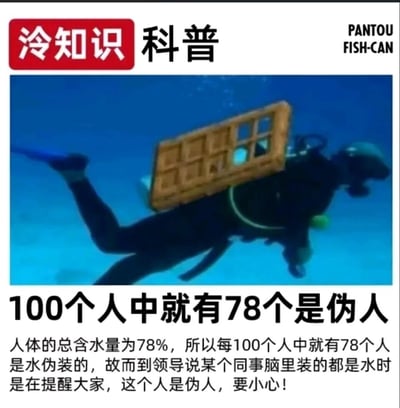 这是一张采用P图改编的图文混排类搞笑恶搞图，以“冷知识科普”为噱头，将潜水员的背部P上一个窗框，配合下方无厘头的文字内容玩梗。文字以人体总含水量78%为基础，歪解出“每100个人中就有78个是水伪装的伪人”的搞笑结论，还延伸到职场场景，调侃领导说“同事脑里装的都是水”是在提醒大家该同事是伪人，用荒诞的逻辑制造笑点，属于典型的网络搞笑段子，用来在社交平台传播，营造轻松诙谐的氛围。