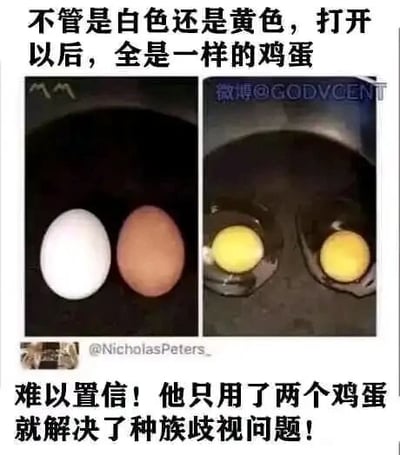 这是一张左右对比的多图拼接图文混排梗图，左侧画面展示了一枚白色鸡蛋和一枚棕色鸡蛋放置在深色容器中的场景，右侧画面则是这两枚鸡蛋被打开后，露出了颜色一致的黄色蛋黄的场景。图的上方配有文字“不管是白色还是黄色，打开以后，全是一样的鸡蛋”，下方配有文字“难以置信！他只用了两个鸡蛋就解决了种族歧视问题！”。该图以鸡蛋外壳颜色不同但内部本质相同的现象，用幽默隐喻的方式，表达了不同肤色的人类本质并无差异，反对种族歧视、倡导种族平等的观点。
