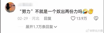 社交媒体评论截图，内容为用户对“努力”一词的幽默拆解：“‘努力’不就是一个奴出两份力吗”，并配有笑哭😂和点赞👍emoji。评论发布于02-29，地点河北，获得13.9万点赞，下方显示“展开1.7万条回复”。图片右下角有水印“@野比大雄”。该内容通过拆分汉字“努”为“奴”和“力”，形成谐音梗调侃，带有轻松搞笑的网络文化特质。