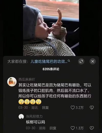 这是一张社交媒体评论区截图，上半部分是实拍照片：一名幼儿坐在汽车内，双手捧着一根外形细长弯曲的煮熟猪尾巴，正放在嘴边咬食，这根猪尾巴的外形很容易让人联想到槟榔；下半部分是某短视频平台的评论区界面，顶部热搜提示文字为“大家都在搜：儿童吃猪尾巴的功效...”，第一条热评是用户“西瓜麻麻吖”发布的内容，解释给孩子吃猪尾巴的作用是借助猪尾巴的嚼劲锻炼孩子口腔肌肉，改善流口水问题，并表示只要是有嚼劲的东西都可以达到这个效果；第二条热评是用户“当风轻借力”的提问“槟榔可以吗”，结合猪尾巴的外形和前文“任何有嚼劲的东西”的说法，形成了十分荒诞搞笑的玩梗效果。