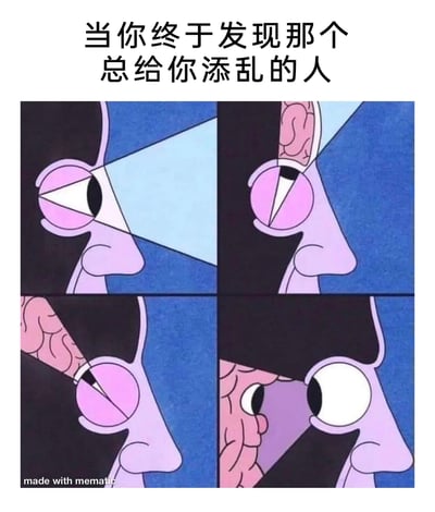 这是一张经过二次创作的四格卡通梗图，顶部配有文字“当你终于发现那个总给你添乱的人”。四格内容依次为：第一格中卡通人物用眼睛发出的三角光束向外搜寻；第二格光束照到自己头部露出的部分大脑；第三格光束继续追踪大脑的位置；第四格人物双眼圆睁，露出震惊的表情，此时大脑完全显现，揭示出那个一直给自己添乱的“人”其实是自己的大脑，也就是自己本身。这张图用幽默夸张的方式，调侃人们在遇到问题时习惯向外寻找原因，最后才发现问题根源在于自身的自嘲心态，容易引发观者的共鸣。