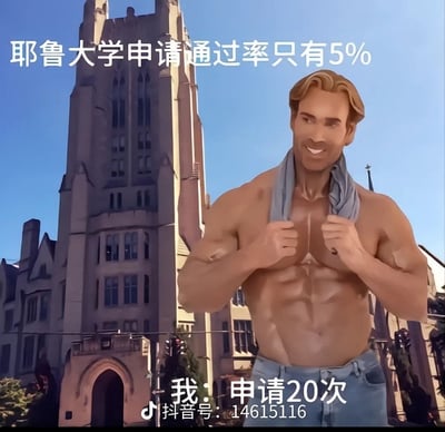 这张梗图用搞笑的方式表达了“努力不懈就能突破低概率”的主题。配图的背景是耶鲁大学的哥特式建筑，画面中是一个肌肉发达的动漫型男，配文写着“耶鲁大学申请通过率只有5%”“我：申请20次”，通过搞笑夸张的手法，表现申请者即使面对很低的通过率（5%），也要不断尝试，仿佛用“肌肉硬汉精神”（强壮体魄象征顽强的意志）去冲击难关。整体是典型的自嘲、奋斗类表情包，适合用来调侃“屡败屡战”的经历。没有明显双关和谐音梗，但肌肉男角色作为“硬刚”/“不服输”的网络符号，带有一定的暗示意味。