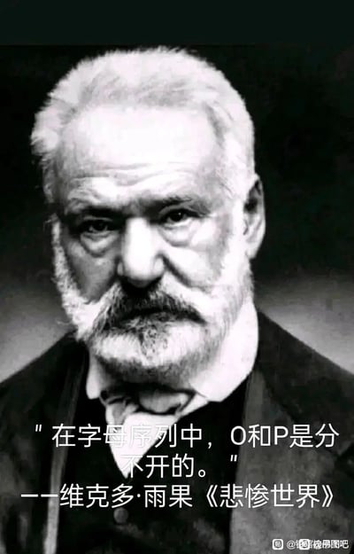 这是一张网友二次创作的趣味梗图，以法国著名文学家维克多·雨果的经典黑白肖像照作为底图，在图片底部添加了一句虚构的“名人名言”：“在字母序列中，O和P是分不开的。”，并标注出自雨果的代表作《悲惨世界》。实际上该语句并非出自原著，是网友编造的无厘头内容，利用字母O与P在字母表中的相邻顺序制造笑点，图片右下角带有百度贴吧“钢普拉佛图吧”的用户水印，属于对文学名人肖像的趣味改编创作。
