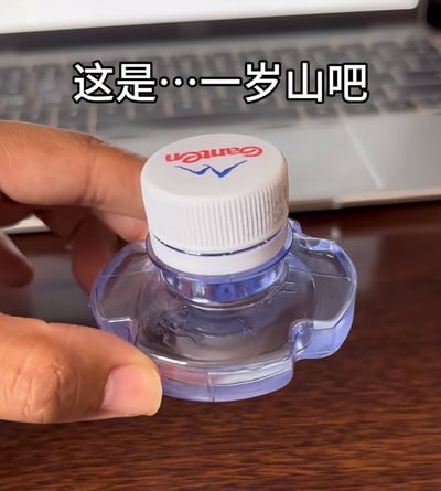 一只手拿着类似水瓶盖的塑料物件，上面配有文字“这是…一岁山吧”，这个配文利用了网络梗“xx山”的谐音和段子形式，调侃该物件看起来像高端瓶装水（如依云、农夫山泉等）的瓶盖，是一种冷幽默式模仿。整个画面带着沙雕和混搭感，具有强烈网络娱乐氛围。