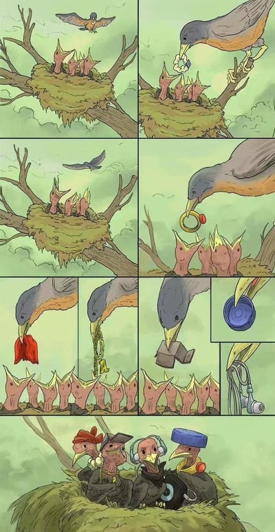 这是一组脑洞大开的连环卡通漫画，分多格讲述了鸟妈妈外出觅食，带回的并非食物，而是人类丢弃的各类垃圾：塑料环、金属圈、红色布料、带钥匙的链条、方块物体、瓶盖、耳机线等。随着鸟妈妈带回的垃圾增多，鸟巢里的小鸟数量看似越来越多，最终揭晓谜底——小鸟们将这些垃圾改造成了潮流配饰：红色布料变鸭舌帽、链条当项链、方块做上衣，还有头戴耳机、瓶盖帽子、带环项圈等，几只小鸟化身成了穿戴潮流装备的“社会鸟”。漫画用拟人化的荒诞手法，既充满搞笑趣味，也暗含对人类垃圾问题的调侃。