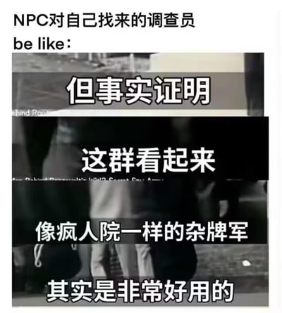 这张梗图通过图文混排的形式，幽默展现了NPC对自己找来的调查员的反应。顶部文字“NPC对自己找来的调查员 be like:”引出主题，下方视频截图背景上叠加的文字“但事实证明 这群看起来 像疯人院一样的杂牌军 其实是非常好用的”，用反差感调侃了看似不靠谱的调查员实则能力出众的现象，语言风格轻松诙谐，符合网络迷因的传播特点。