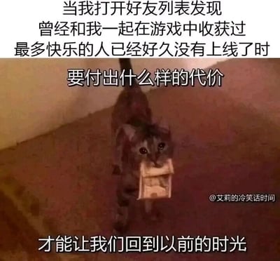 这是一张顶配底文式的静态单图，画面主体是一只眼神委屈、叼着纸币的猫咪，站在室内的地面上。图中搭配了三段文字，依次为“当我打开好友列表发现曾经和我一起在游戏中收获过最多快乐的人已经好久没有上线了时”“要付出什么样的代价”“才能让我们回到以前的时光”，通过猫咪叼钱的画面，生动又略带心酸地表达了游戏玩家对曾经一起开黑、共享快乐的好友的想念，希望能回到过去一起玩游戏的美好时光，容易引发有类似经历的玩家的情感共鸣。