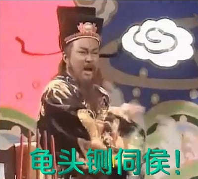 图片展示了一位身穿传统中国古代官员服饰的男子，头戴黑色官帽，表情愤怒，似乎正在怒吼。他身穿华丽的黑色与金色相间的官服，背景是传统的中国舞台布景，有云彩图案装饰。图片底部有绿色文字"龟头铡伺候!"，这是一句具有幽默或讽刺意味的台词，可能源自某部古装电视剧或戏剧作品。
