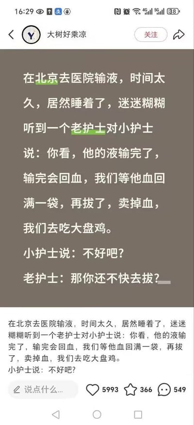 社交媒体用户“大树好乘凉”发布的搞笑段子截图，内容描述在北京医院输液时，迷糊中听到老护士与小护士的离谱对话：老护士提议等输液结束后让血液回流满袋再拔掉，卖掉血液去吃大盘鸡，小护士犹豫后被催促拔针。帖子下方显示有5993个点赞、366个收藏和549条评论，整体风格幽默夸张，带有黑色玩笑性质。