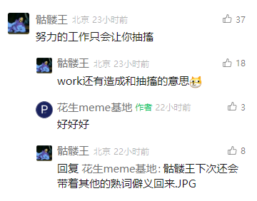 这是一张社交媒体评论区的截图，展示了用户“骷髅王”与meme账号“花生meme基地”的趣味互动。“骷髅王”先是发布评论“努力的工作只会让你抽搐”，随后解释这是玩了英文单词“work”的双关梗——“work”除了常见的“工作”含义外，还有“造成、抽搐”的冷僻含义，以此吐槽职场工作带来的疲惫感；账号作者“花生meme基地”回复“好好好”，“骷髅王”接着表示下次还会带来其他热词僻义的内容，整体是结合文字梗的职场情绪抒发类网络互动内容。