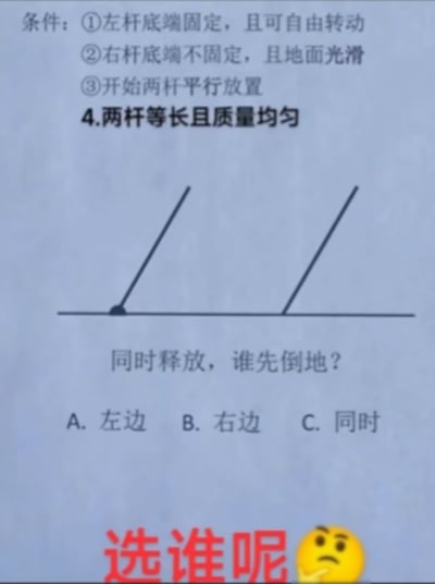 这是一道物理刚体力学的趣味选择题，首先给出4个前提条件：左杆底端固定可自由转动、右杆底端不固定且接触面为光滑地面、初始状态两杆平行倾斜放置、两杆等长且质量分布均匀。配图为简化的杆示意图，左杆底端有固定点标识，右杆底端无固定在水平地面上。题目询问同时释放两根杆时哪根会先倒地，给出三个选项分别为左边、右边、同时倒地，底部配有红色文字“选谁呢”和一个疑惑托腮的小黄脸表情引导观众思考。经过力学推导：左杆为定轴转动，重力势能全部转化为绕底端的转动动能；右杆水平方向不受力，质心水平位置不变，重力势能转化为质心平动动能加绕质心的转动动能，相同倾斜角度下右杆角速度更大，最终答案为B选项右边的杆先倒地。