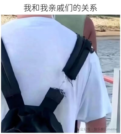 这张梗图展示了一个人穿着的白色T恤被黑色带子撕裂的场景，上方配有文字'我和我亲戚们的关系'，用幽默的方式表达了与亲戚之间关系紧张或复杂的无奈感。