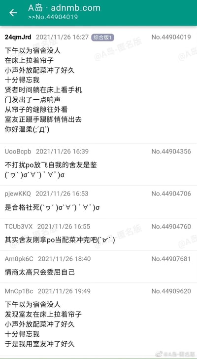 这是一张A岛匿名版的网页截图，呈现了一则匿名用户分享的宿舍经历：楼主下午误以为宿舍无人，拉上床帘后小声外放成人内容（自称“配菜”）进行自慰，十分投入，进入贤者时间后听到门响，才发现室友正蹑手蹑脚悄悄离开，楼主因此感慨室友十分温柔。下方楼层的匿名网友们纷纷互动，有人称赞室友靠谱，有人调侃楼主遭遇社死，还有人反向玩梗创作了相似的反向经历，另有网友感慨“情商太高只会委屈自己”，整体内容兼具社死的尴尬感、室友带来的暖意，以及网友玩梗的趣味性。