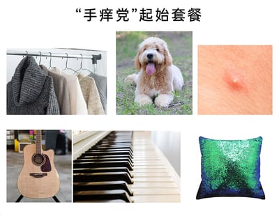 这是一张多图拼接的趣味图片，标题为“‘手痒党’起始套餐”，集合了六种能让人产生“手痒”冲动、忍不住去触摸摆弄的事物。第一排从左到右分别是挂在衣架上、纹理清晰的针织毛衣，这类衣物的柔软质感很容易让人想伸手触摸；趴在草地上的可爱狗狗，活泼的模样会勾起人们撸狗的欲望；皮肤上的带白头痘痘，会让人产生挤掉它的冲动。第二排从左到右是一把木吉他，会让人想拨弄琴弦弹奏；排列整齐的钢琴琴键，容易让人忍不住按动来弹出声音；双色翻转亮片抱枕，这种可以反复翻转改变亮片颜色的物品，很适合反复摆弄解压。整体用“手痒党”的趣味说法，调侃这些容易勾起人们动手欲望的物品，引发有相同习惯的人的共鸣。